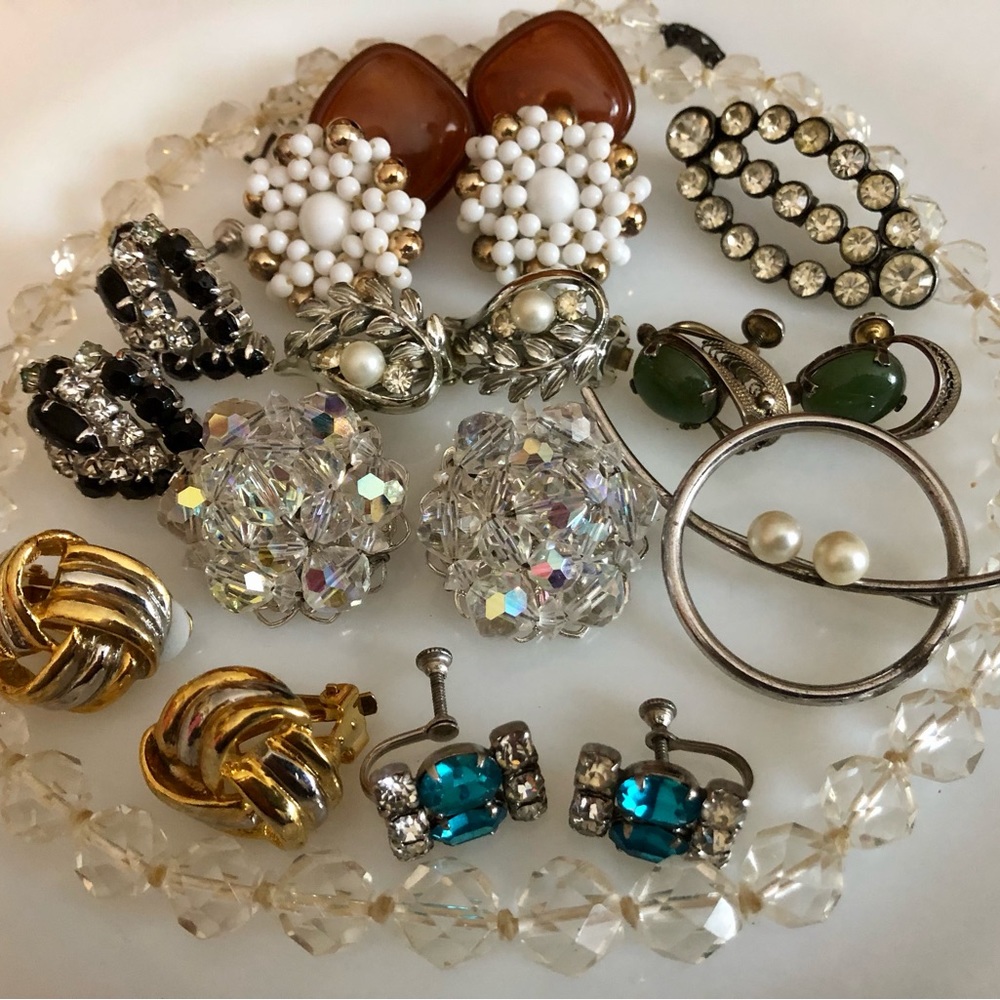 Vintage Earrings Necklace Brooches Jewelry Lot Sterling Jade Rhinestones Glamour